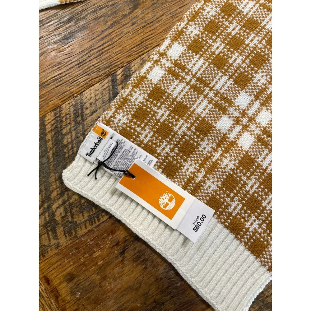 Cozy Timberland Plaid Knit Scarf Wheat White Check Winter Muffler‎ NWT Cottage